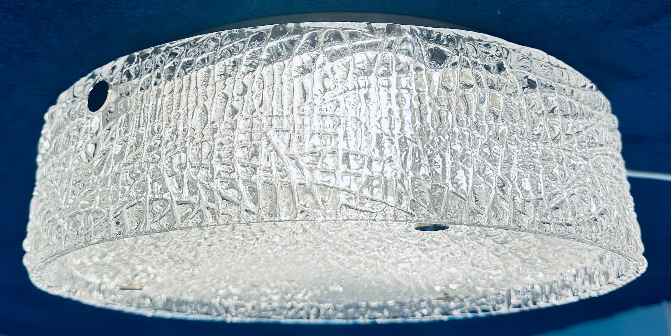 20th Century 1960s German Kaiser Leuchten Textured Iced Glass Flush Mount Ceiling Light For Sale