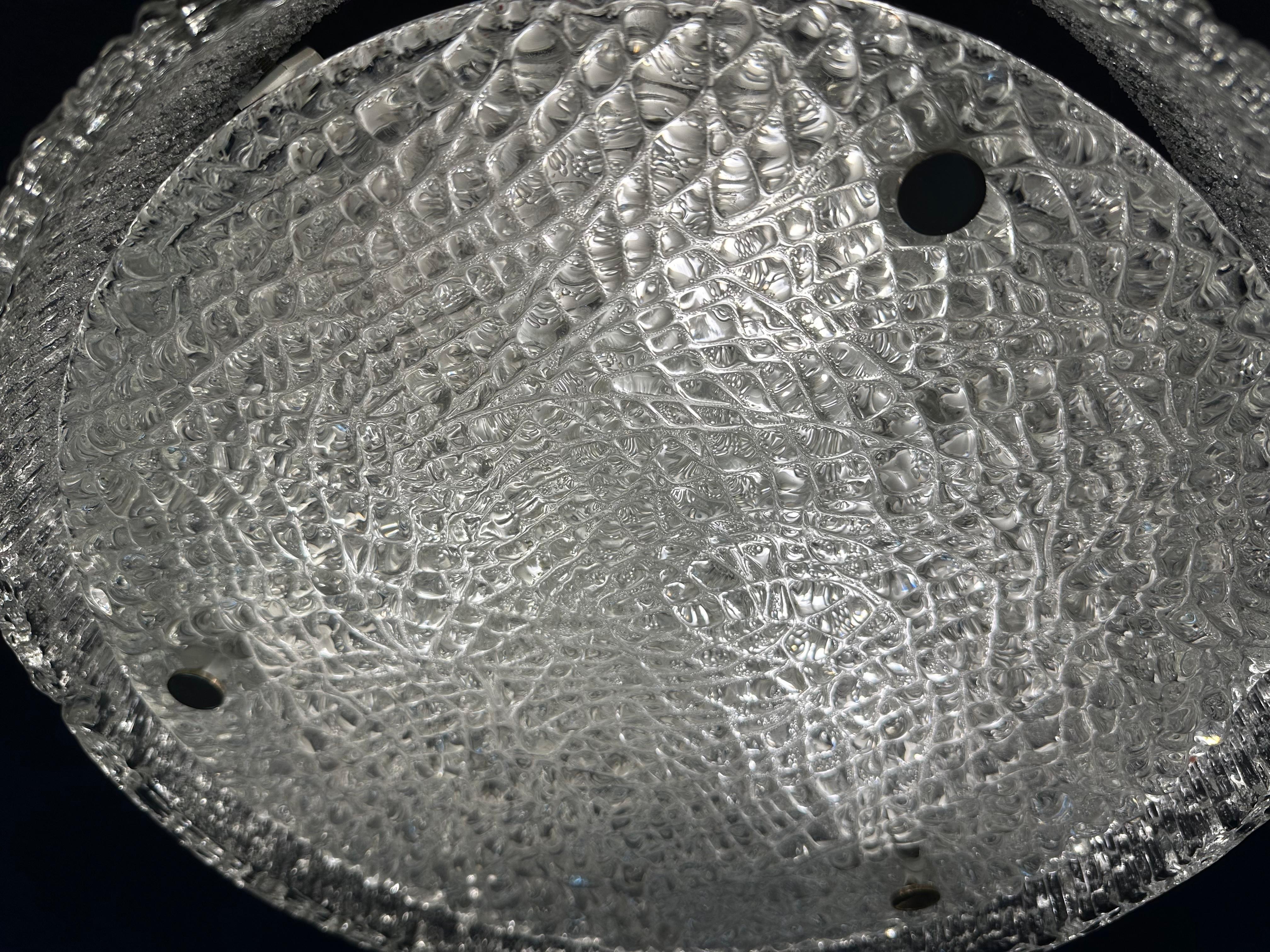 1960s German Kaiser Leuchten Textured Iced Glass Flush Mount Ceiling Light For Sale 1