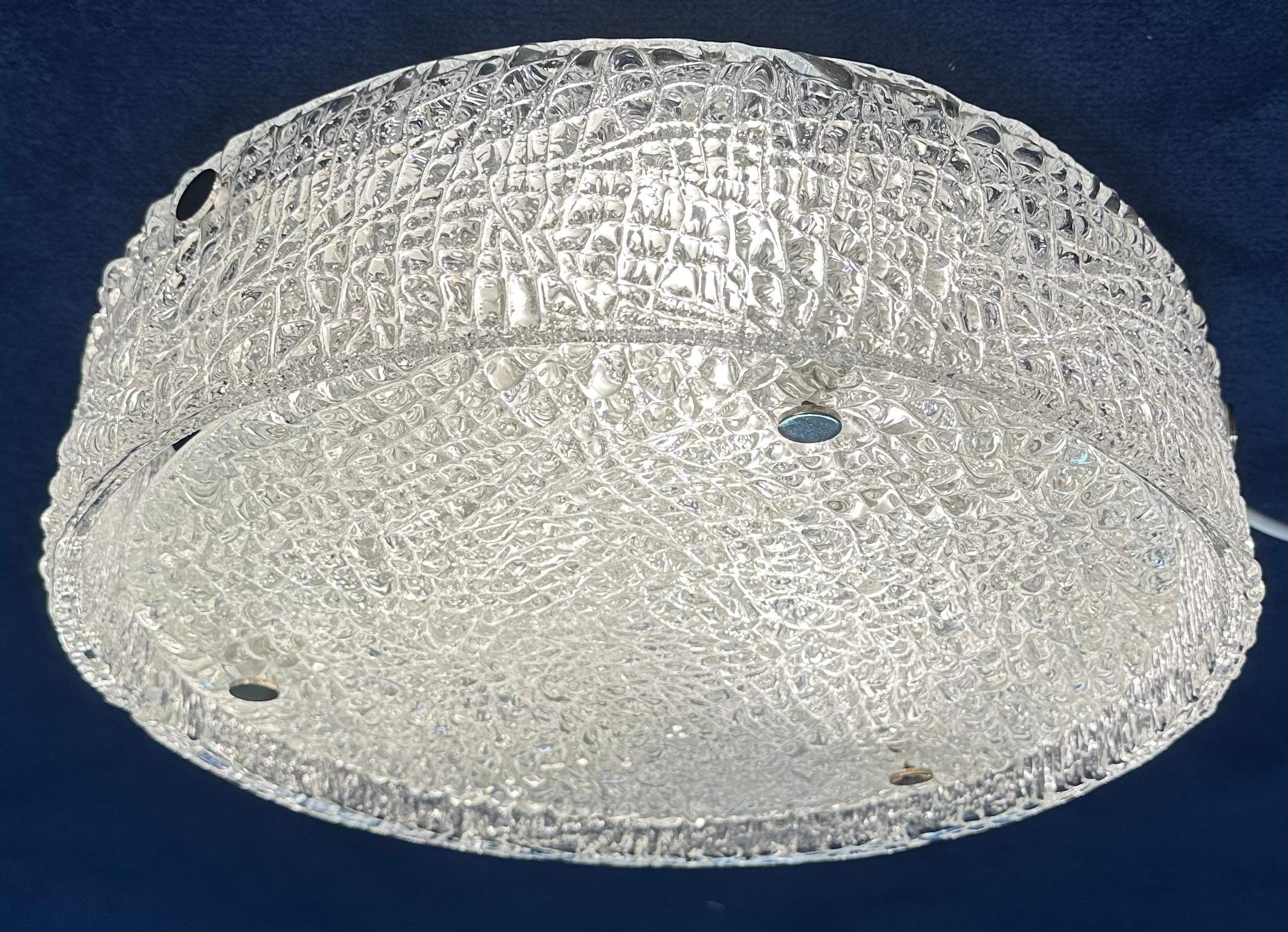 1960s German Kaiser Leuchten Textured Iced Glass Flush Mount Ceiling Light For Sale 2