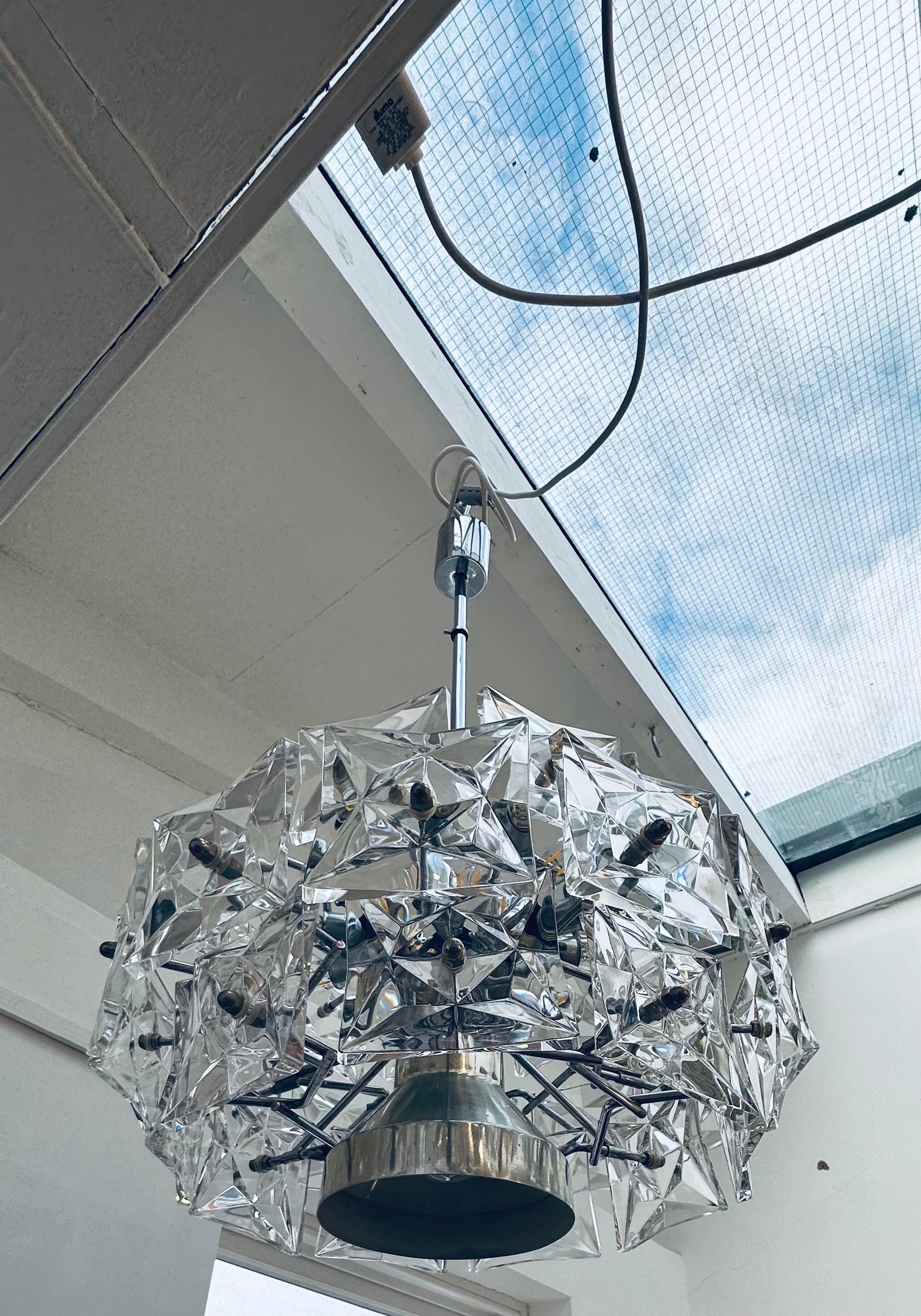 1960s German Kinkeldey Square Prism Faceted Crystal Glass & Chrome Chandelier For Sale 7