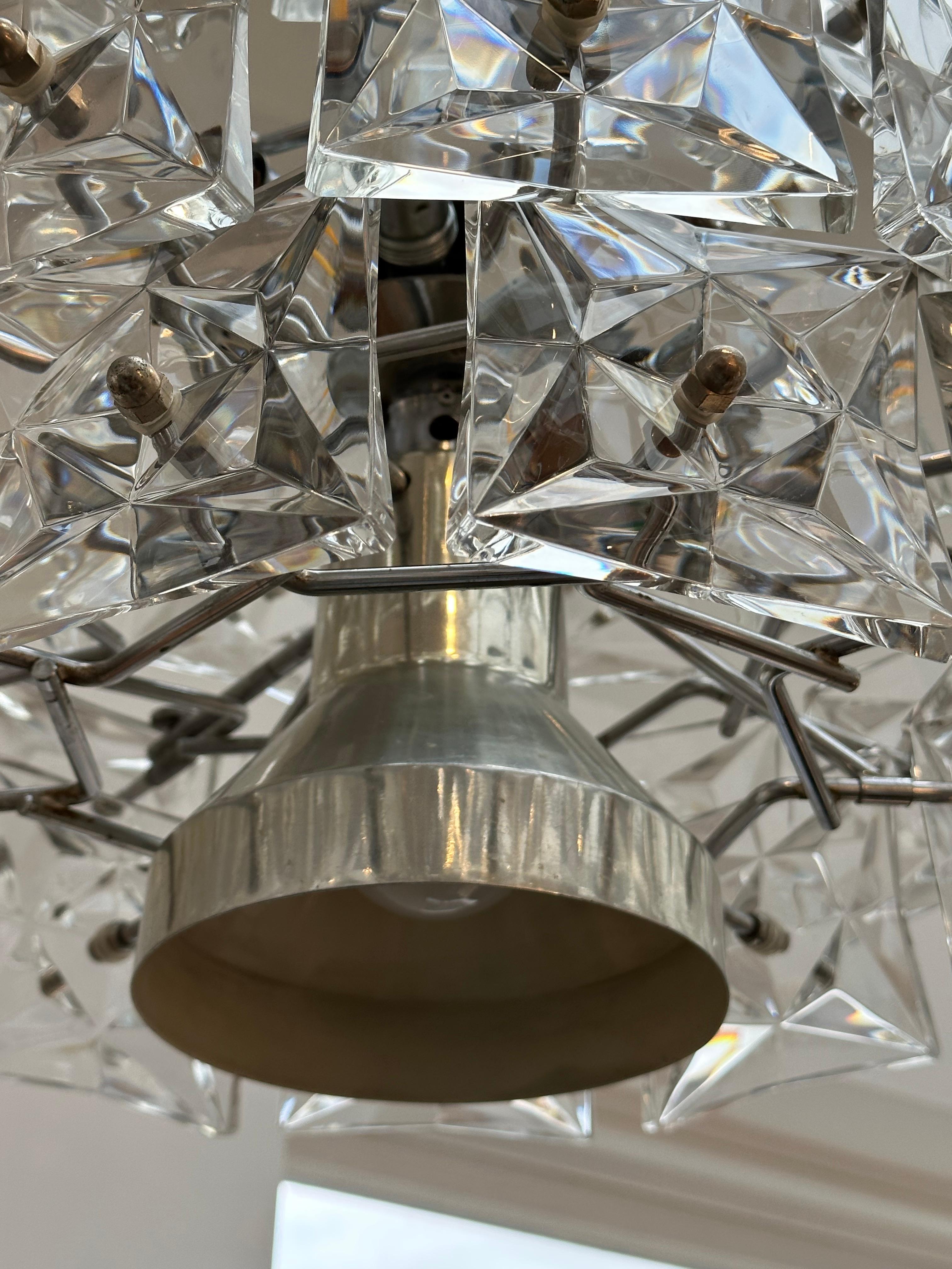 1960s German Kinkeldey Square Prism Faceted Crystal Glass & Chrome Chandelier For Sale 14