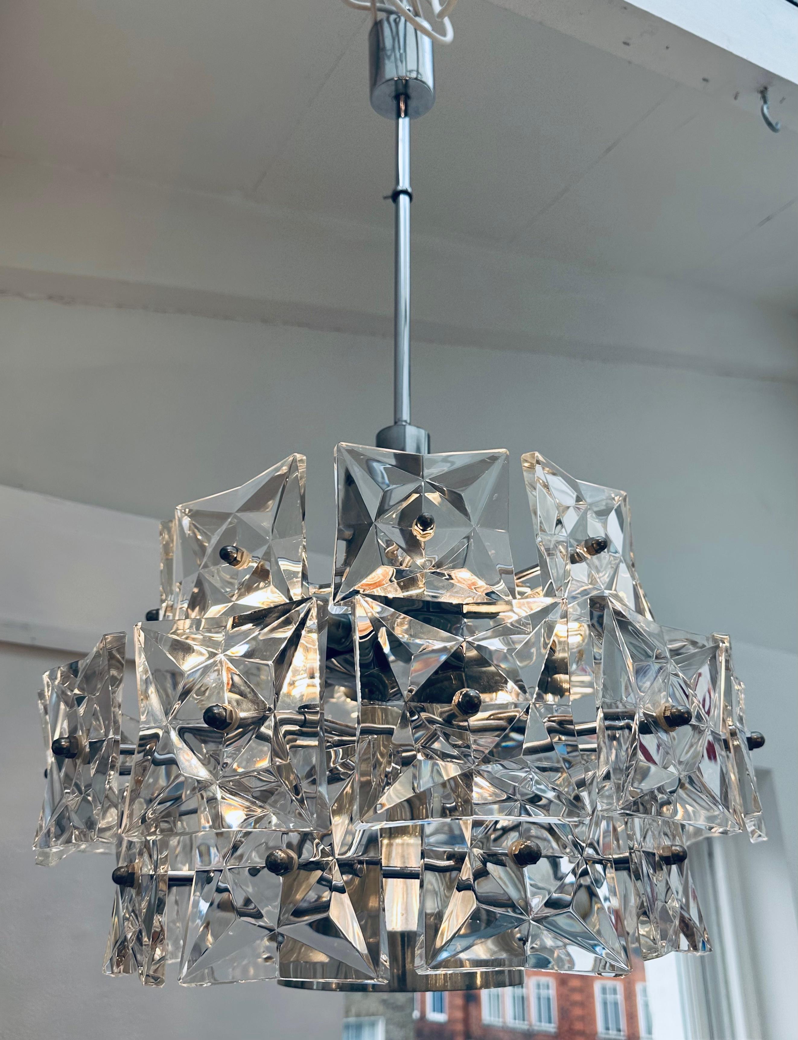 1960s German Kinkeldey Square Prism Faceted Crystal Glass & Chrome Chandelier For Sale 2