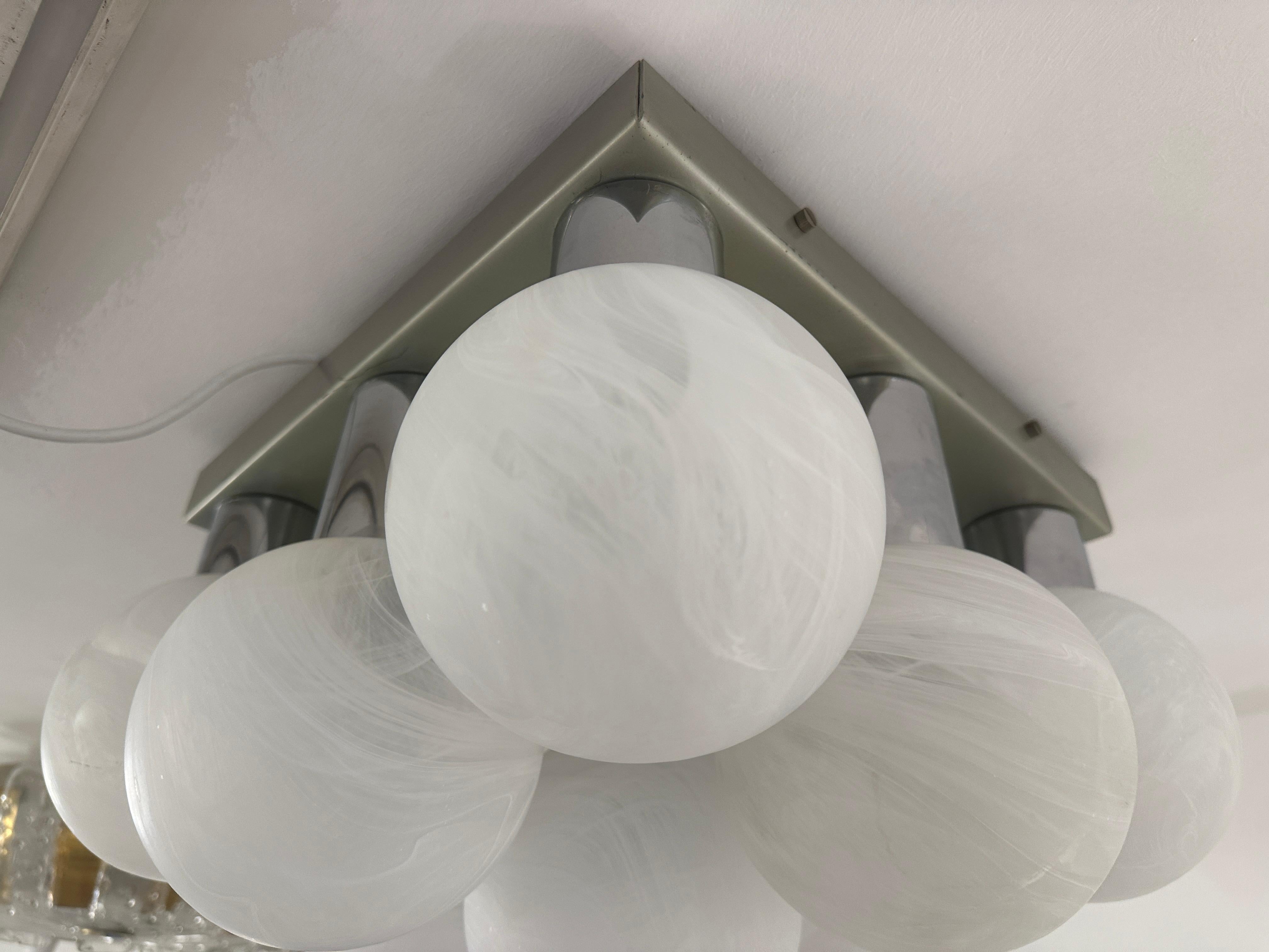 1960s German Leclaire Schäfer 9 Frosted Globe Flush Mount Ceiling Light im Angebot 9
