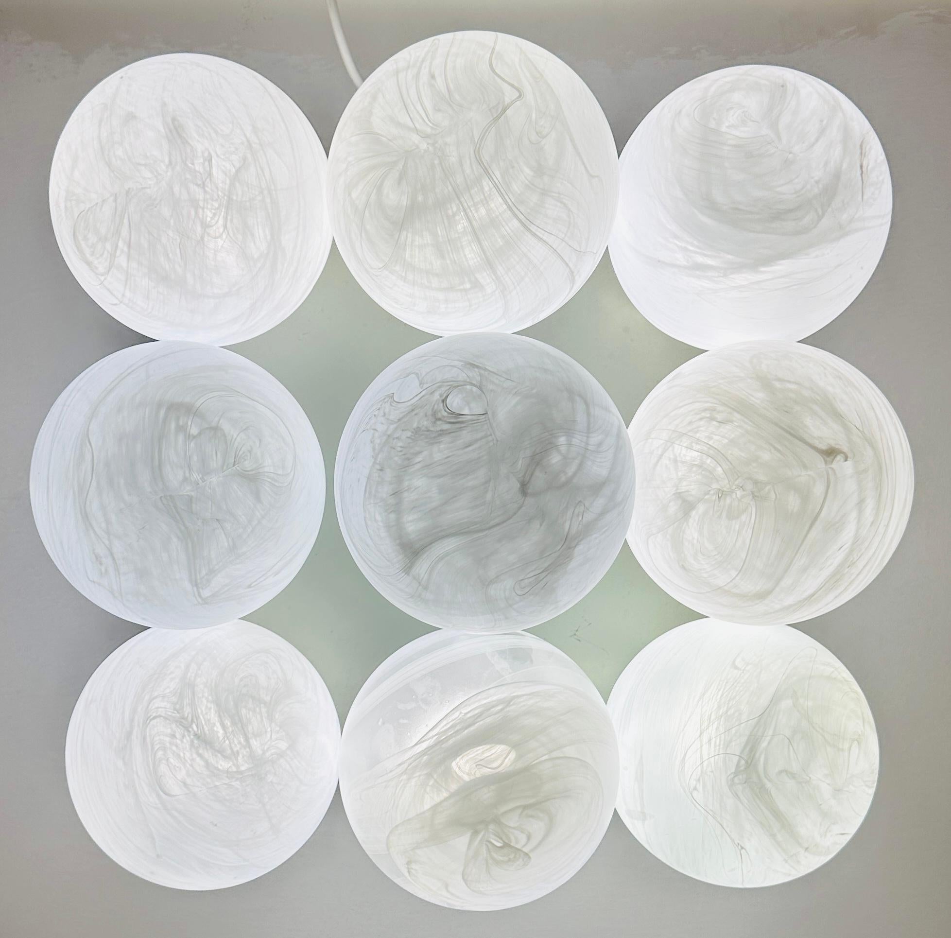 1960s German Leclaire Schäfer 9 Frosted Globe Flush Mount Ceiling Light (Deutsch) im Angebot
