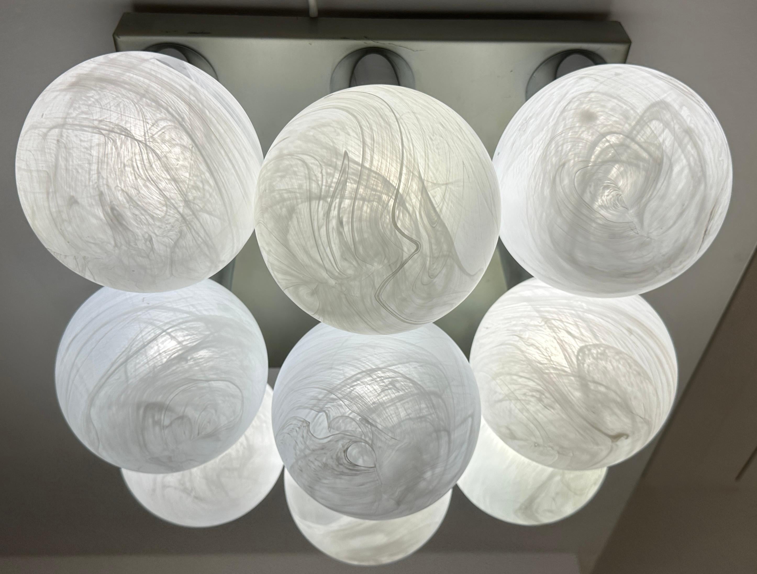 1960s German Leclaire Schäfer 9 Frosted Globe Flush Mount Ceiling Light (Metall) im Angebot