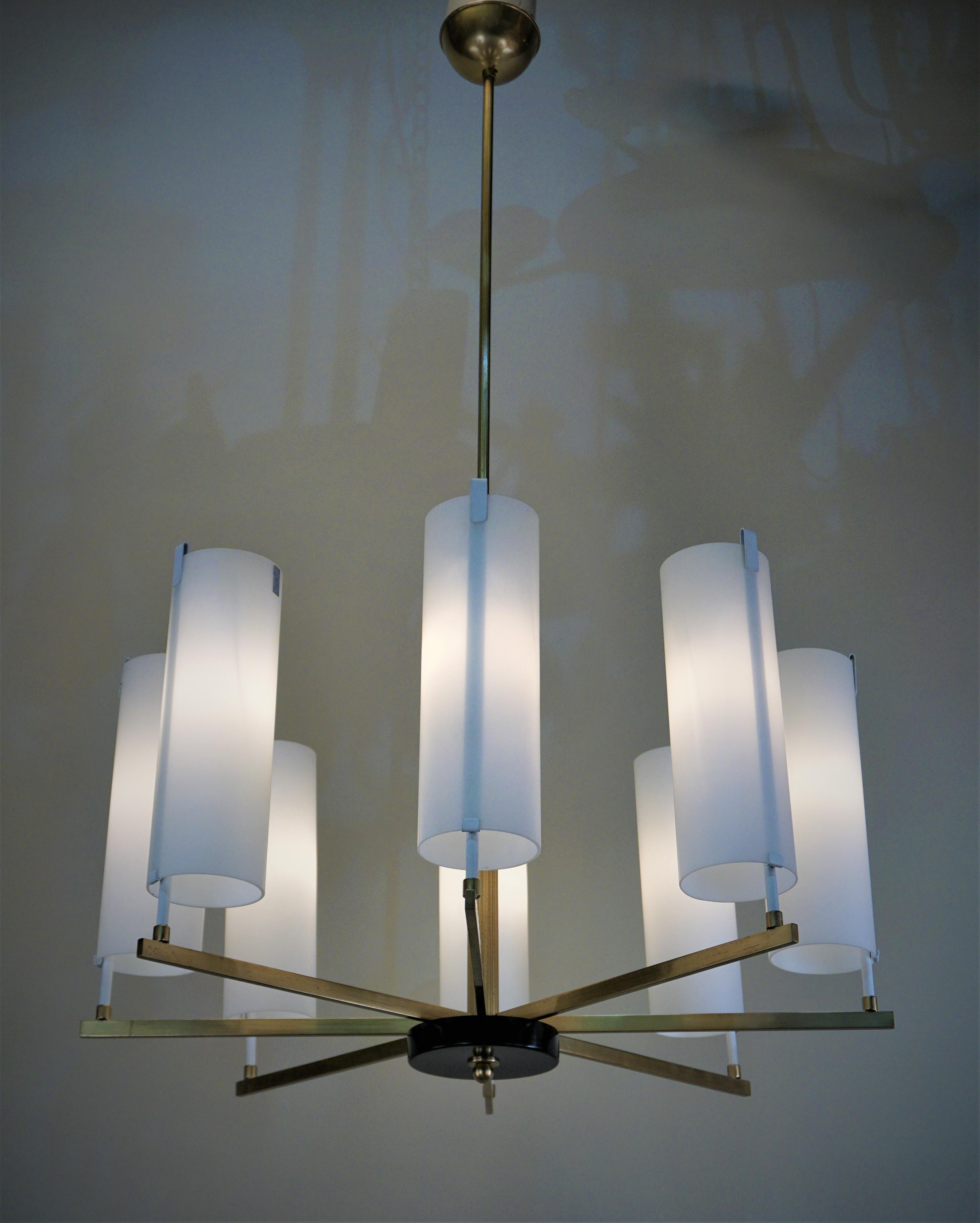 1960s bronze and clear Frost over white cylinder glass shade chandelier by Phonix. Germany.