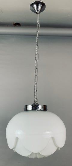 1960s German Peill & Putzler "Artichoke" White Glass & Chrome Hanging Light