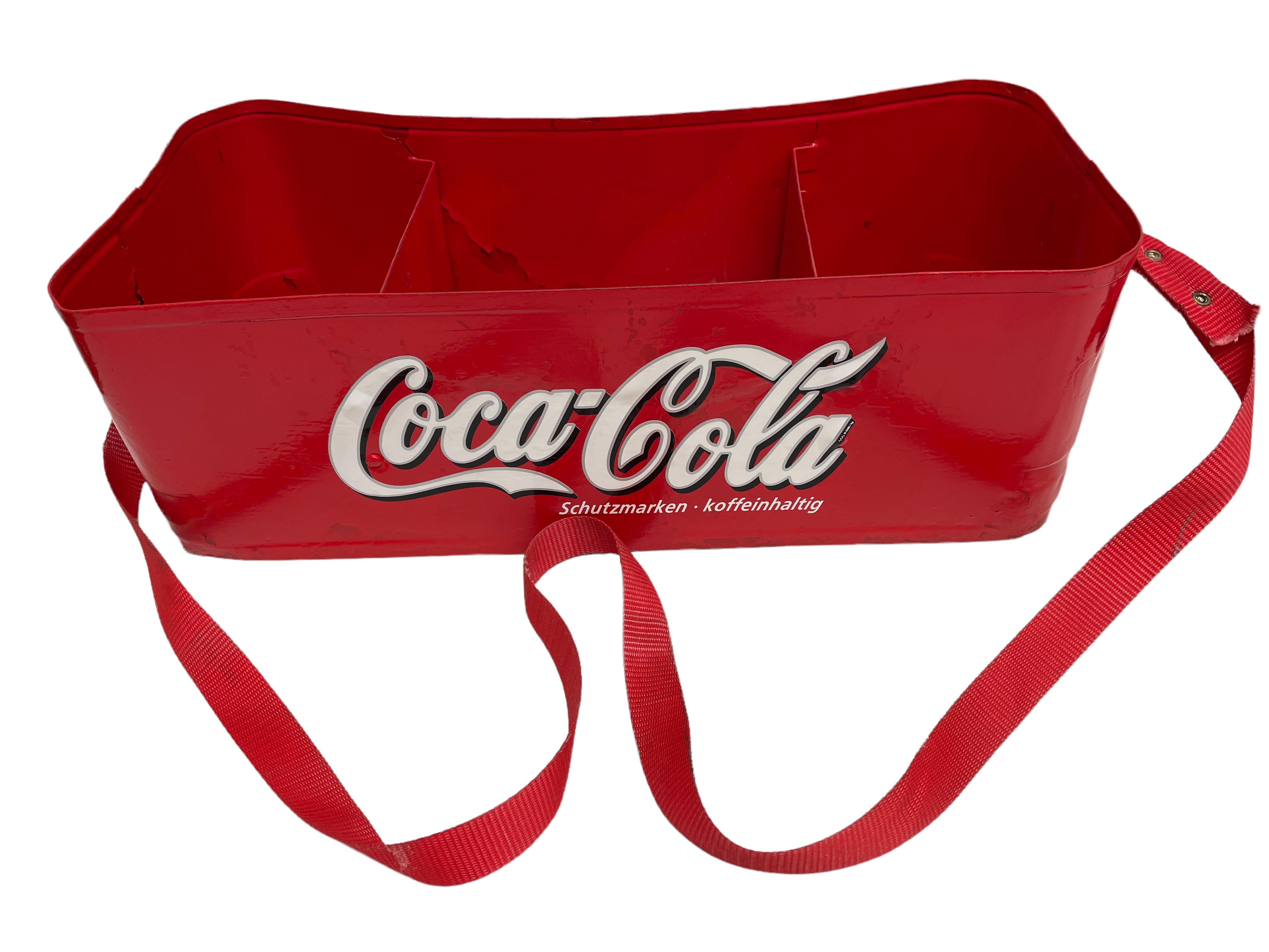 Wood 1960s German Vintage Advertising Metal Coca-Cola Stadium Cooler & Bottle Carrier For Sale