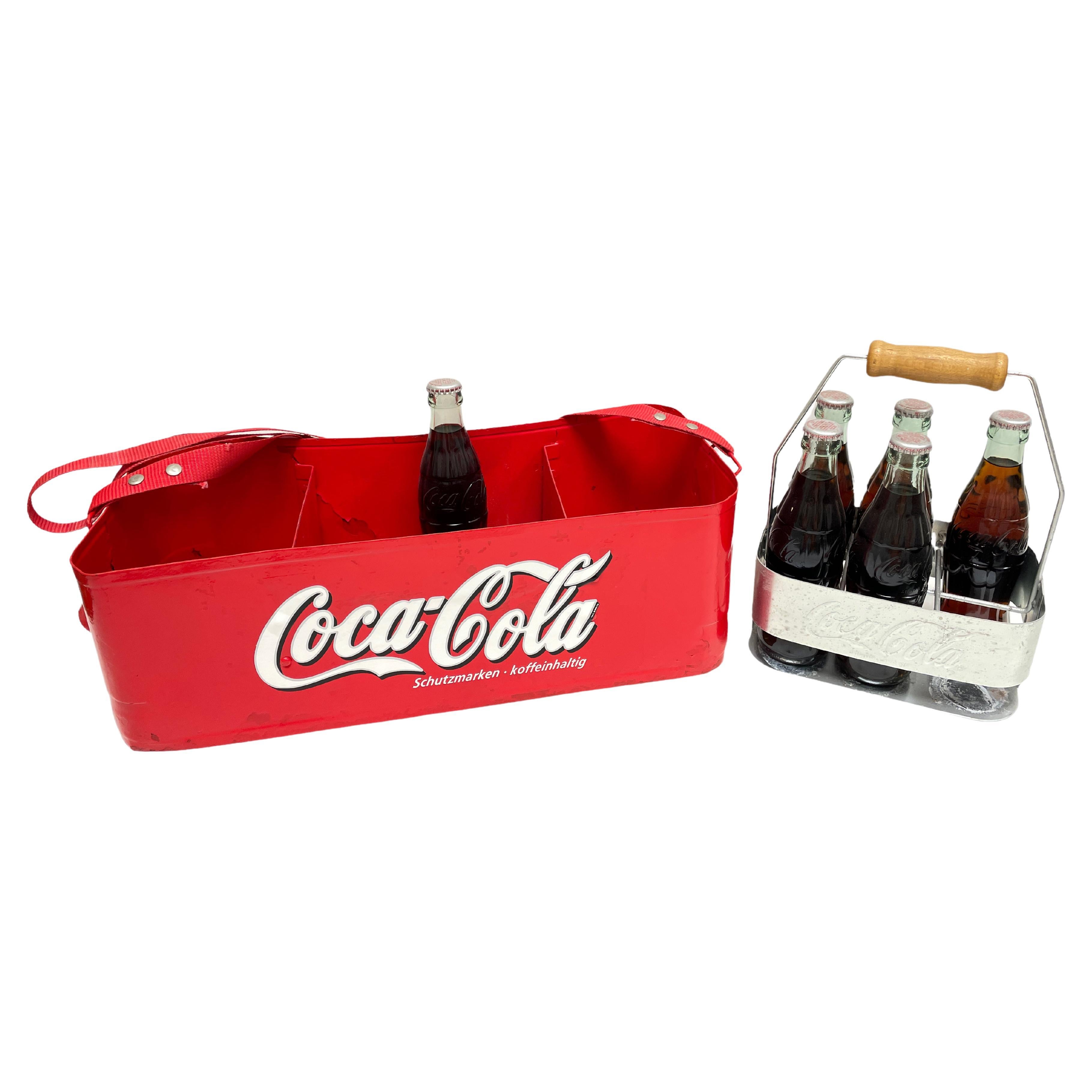 1960s German Vintage Advertising Metal Coca-Cola Stadium Cooler & Bottle Carrier For Sale