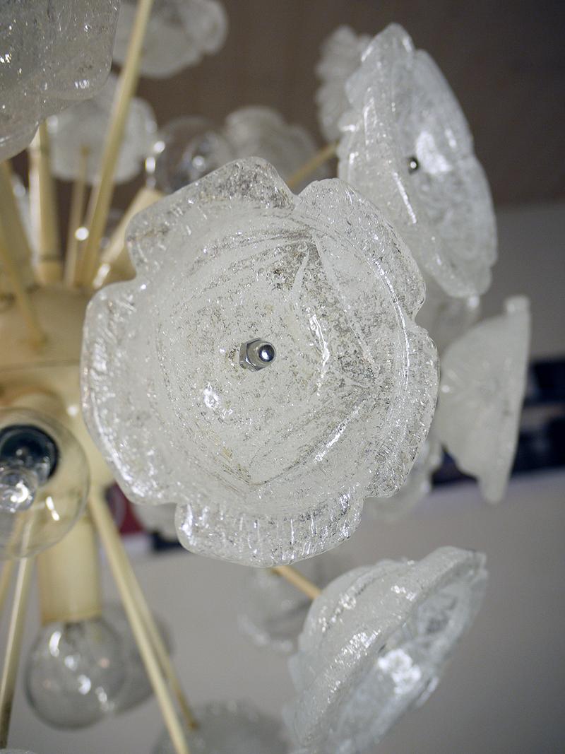 Brass 1960s German Sputnik Chandelier White Murano Glass Roses on an Enameled Frame For Sale