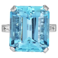 1960s GIA 20 carats Aquamarine Diamond Platinum Cocktail Ring