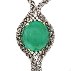 1960S GIA 62.25 Ct Cabochon Emerald Diamond 18K Gold Tassel Lariat Rope Necklace