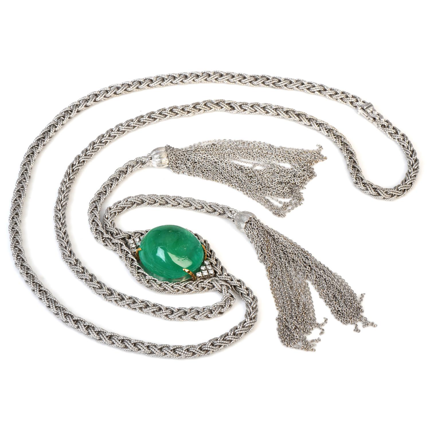Women's or Men's 1960S GIA 62.25 Ct Cabochon Emerald Diamond 18K Gold Tassel Lariat Rope Necklace For Sale