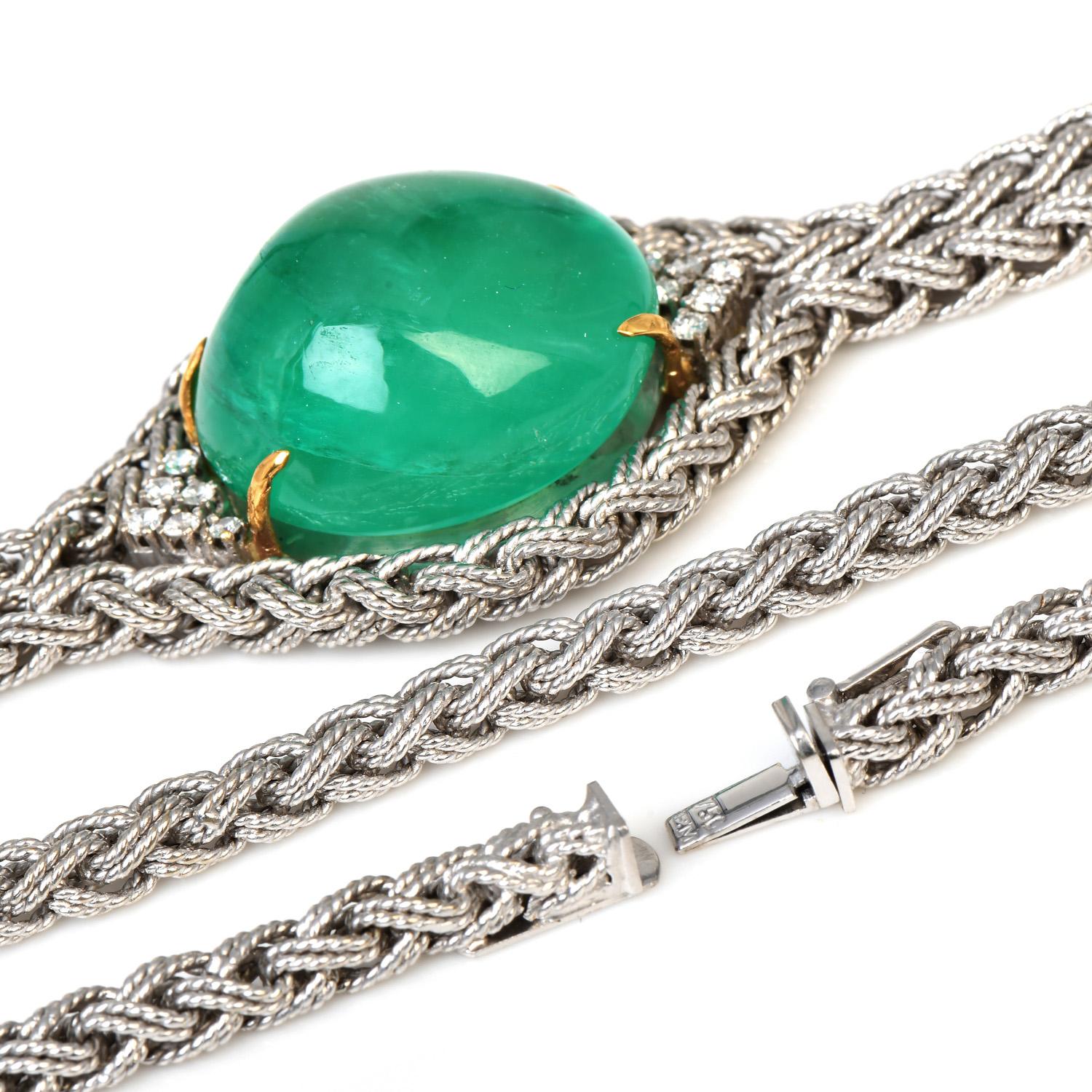 1960S GIA 62.25 Ct Cabochon Emerald Diamond 18K Gold Tassel Lariat Rope Necklace For Sale 1