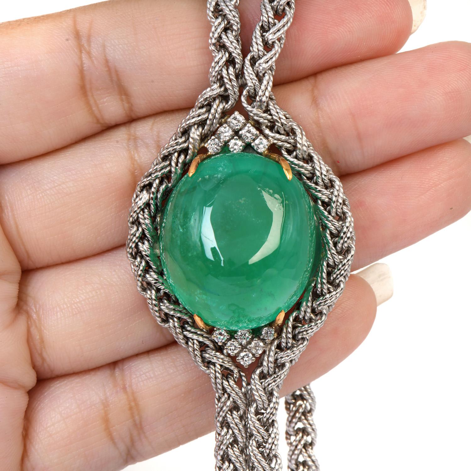 1960S GIA 62.25 Ct Cabochon Emerald Diamond 18K Gold Tassel Lariat Rope Necklace For Sale 2