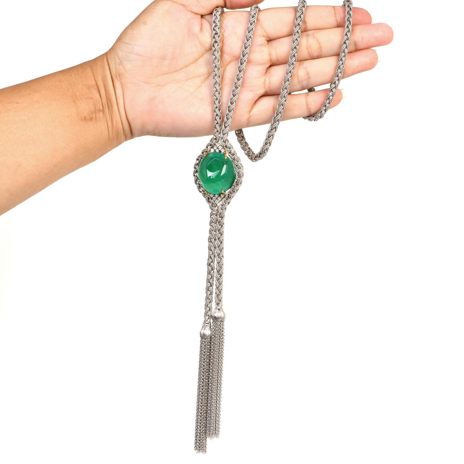 1960S GIA 62.25 Ct Cabochon Emerald Diamond 18K Gold Tassel Lariat Rope Necklace For Sale 3