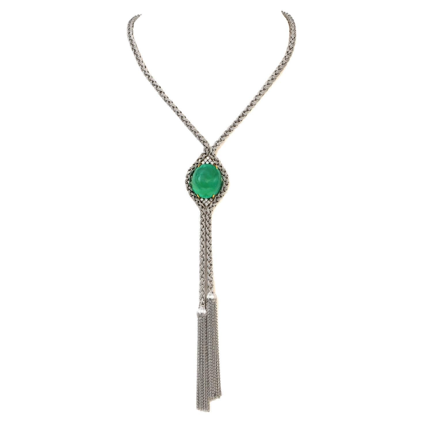 1960S GIA 62.25 Ct Cabochon Emerald Diamond 18K Gold Tassel Lariat Rope Necklace For Sale