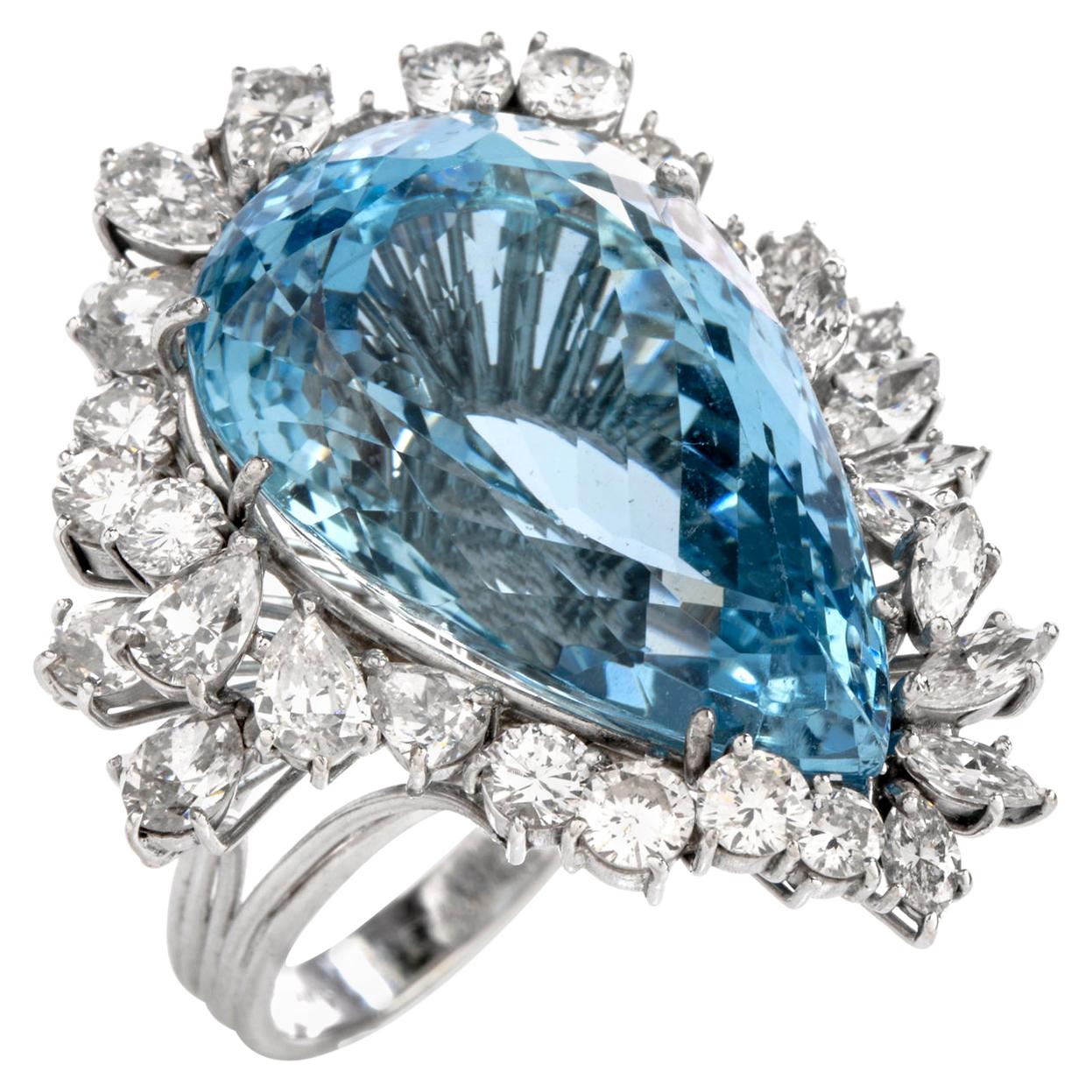 1960s GIA Certified Aquamarine Diamond 18 Karat Cocktail Ring