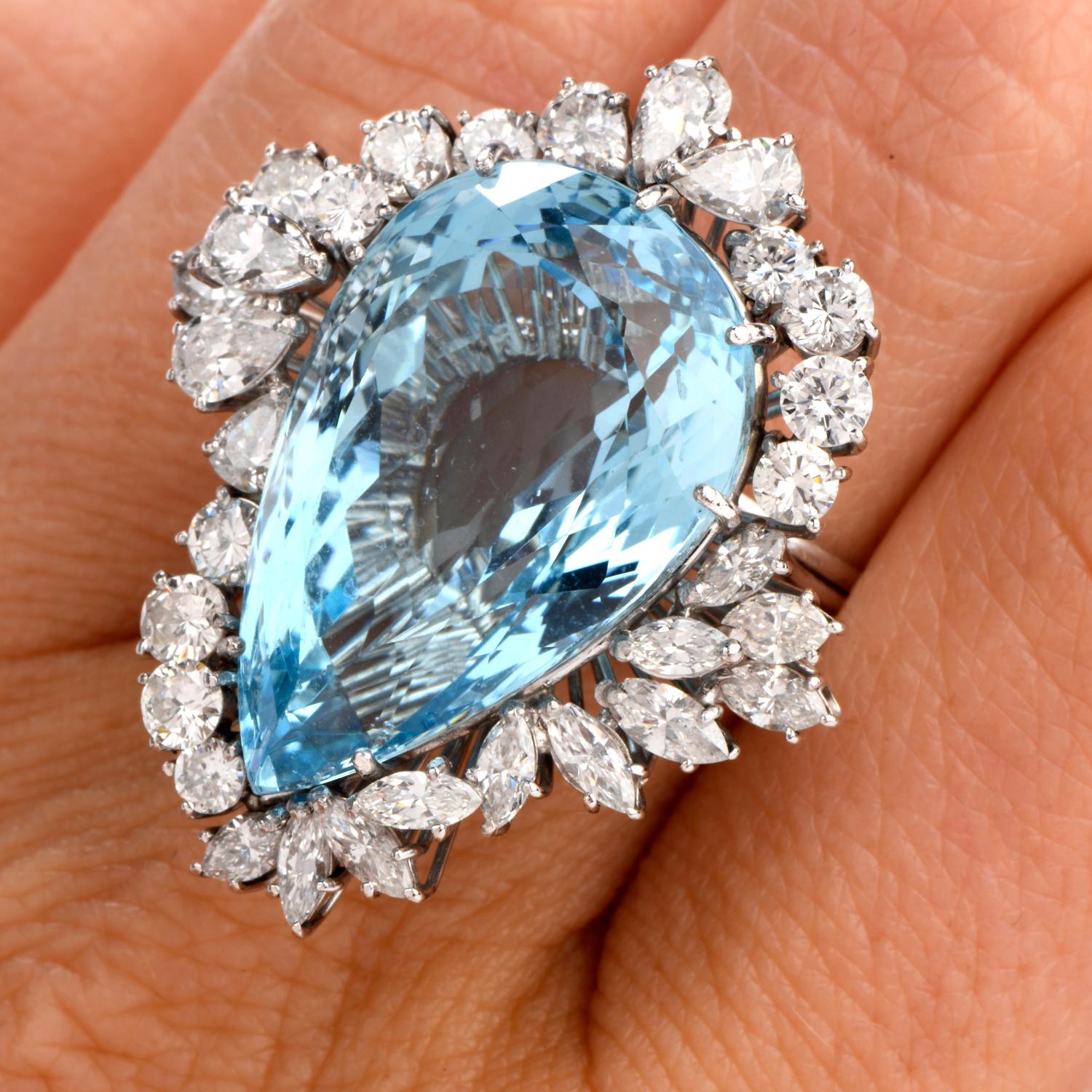 Artisan 1960s GIA Certified Aquamarine Diamond 18 Karat Cocktail Ring
