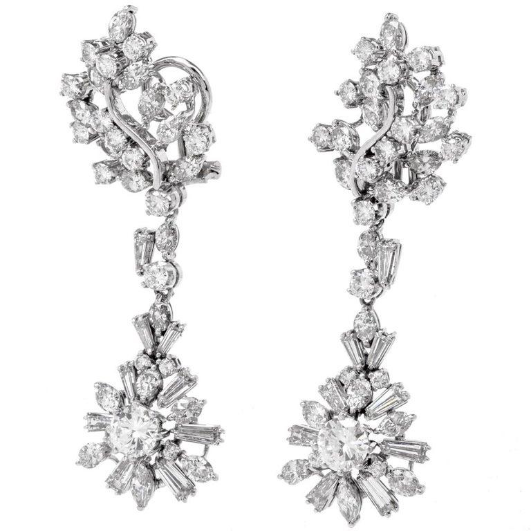 Art Deco 1960s GIA Diamond 9.02 Carat Platinum Chandelier Dangle Drop Earrings