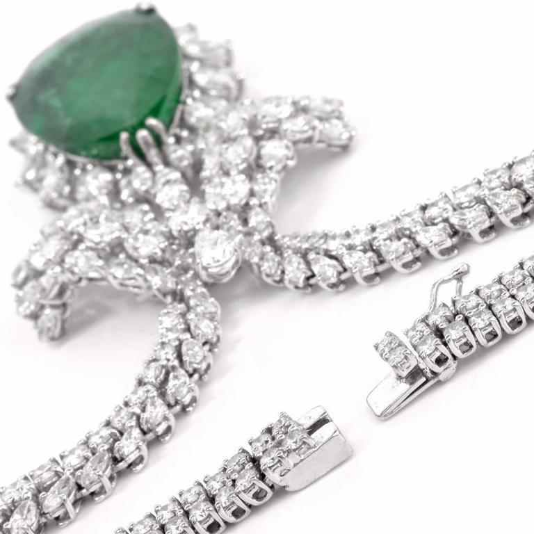 Pear Cut 1980s GIA Emerald Diamond Choker Pendant Necklace For Sale