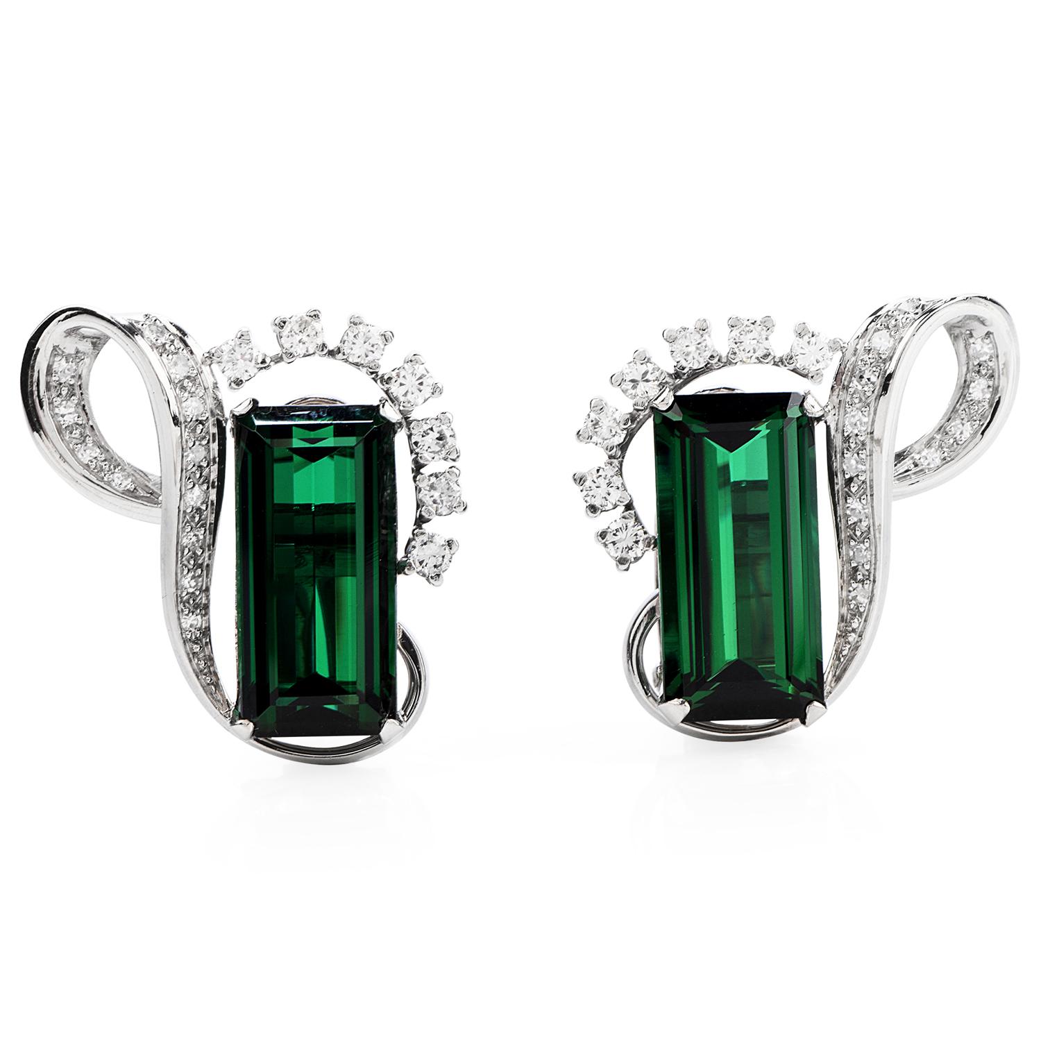 These Vintage 1960's clip-on earrings, with the deep green color of high-quality tourmaline.

Crafted in solid Platinum, for color display there are (2) Octagonal step cut, GIA certified green Tourmaline, prong-set, weighing a total of approximately