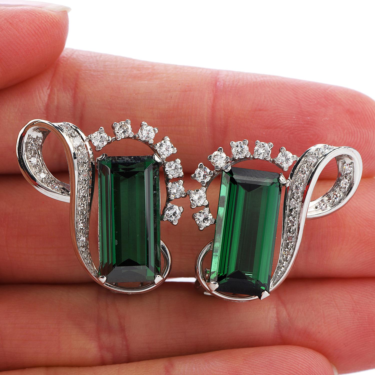 Emerald Cut 1960's GIA Green Tourmaline Diamond Platinum Ribbon Clip On Earrings