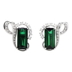 1960's GIA Green Tourmaline Diamond Platinum Ribbon Clip On Earrings