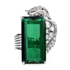 1960's GIA Green Tourmaline Diamond Platinum Ribbon Cocktail Ring