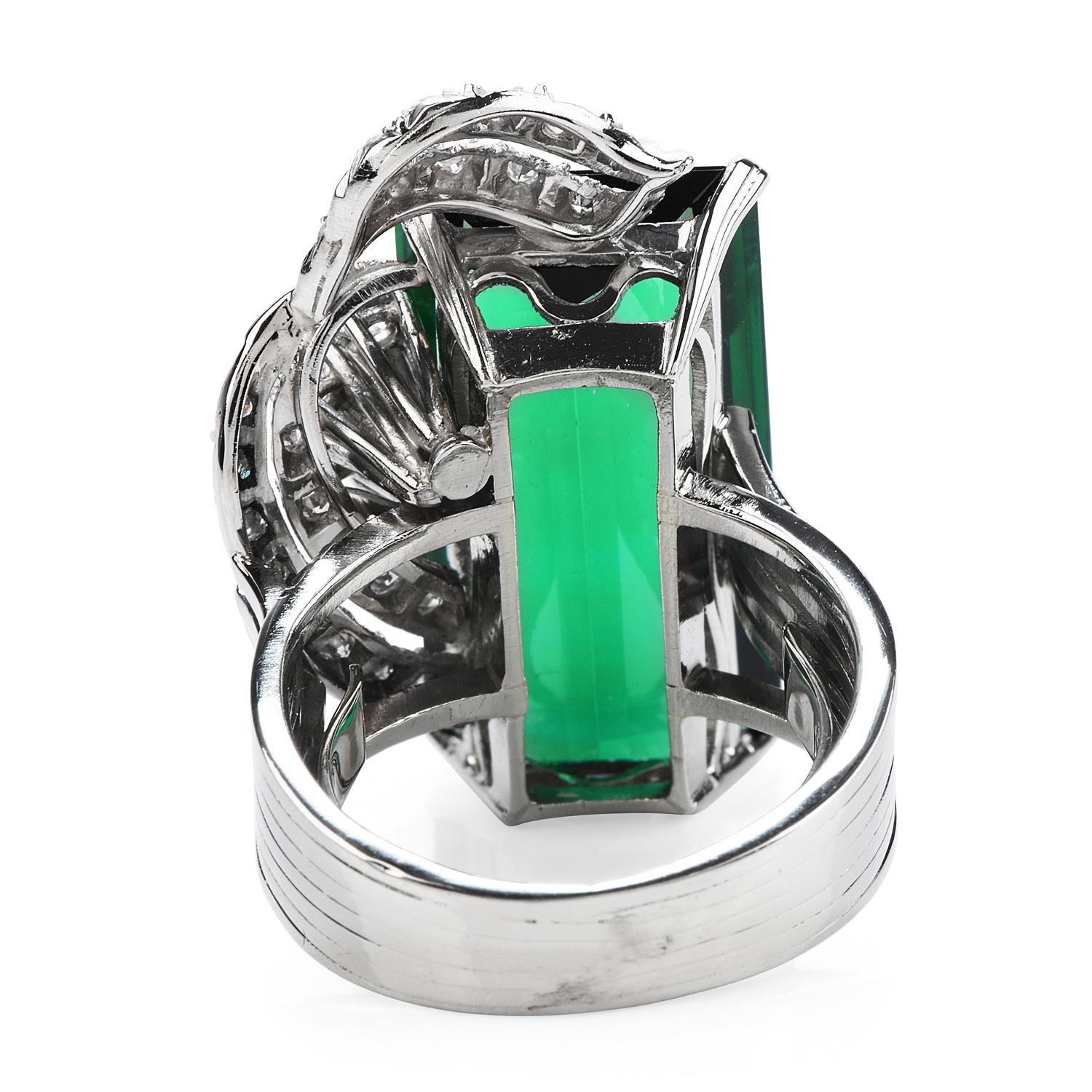Art Deco 1960's GIA Green Tourmaline Diamond Platinum Ribbon Cocktail Ring