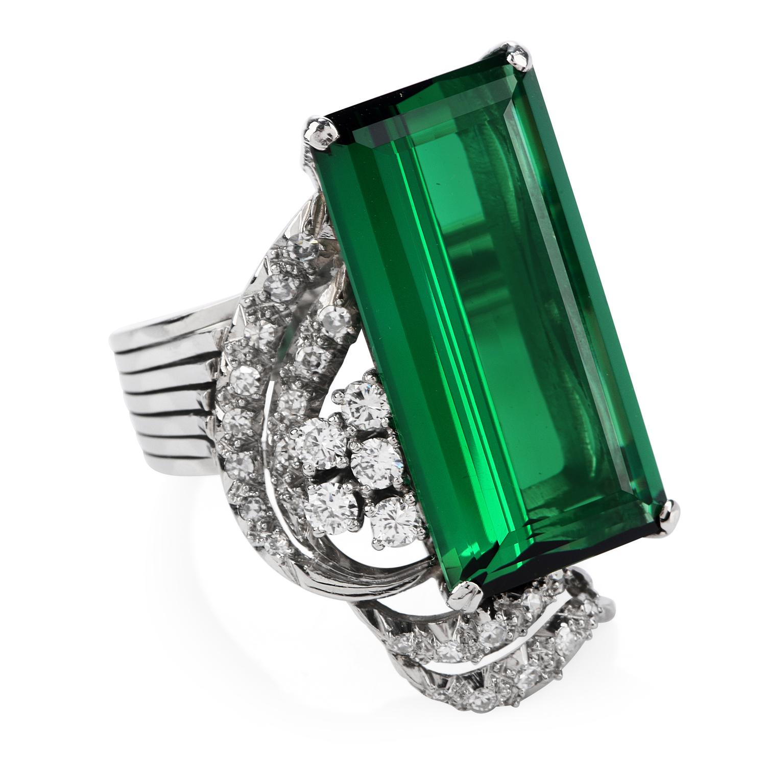 Emerald Cut 1960's GIA Green Tourmaline Diamond Platinum Ribbon Cocktail Ring