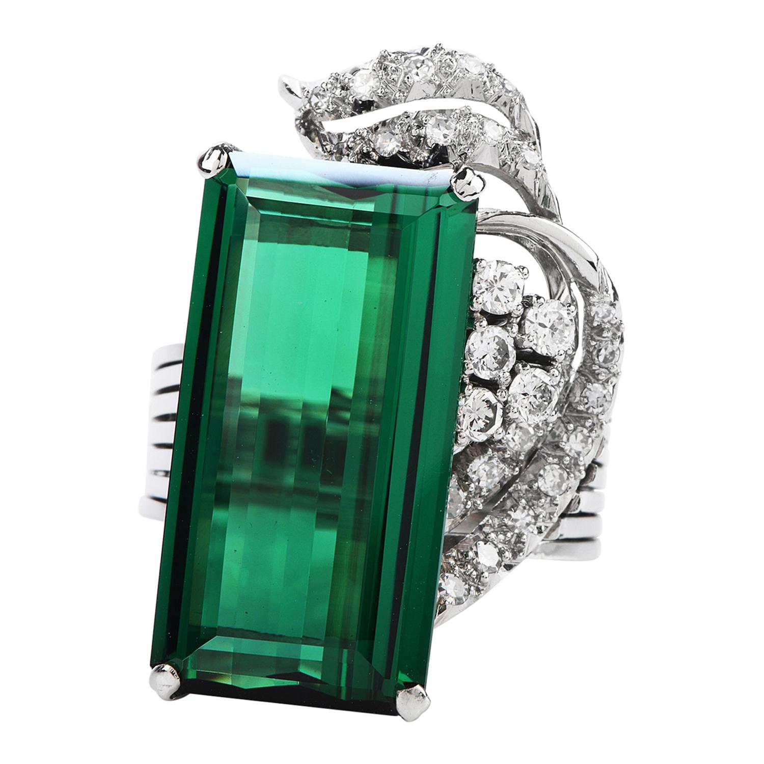 1960's GIA Green Tourmaline Diamond Platinum Ribbon Cocktail Ring