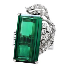 1960's GIA Green Tourmaline Diamond Platinum Ribbon Cocktail Ring