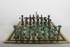 1960s Giacometti Inspired Brutalist Artisan Bronze Etruscan Sculptures Chess Set