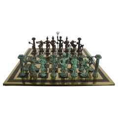 1960s Giacometti Inspired Brutalist Artisan Bronze Etruscan Sculptures Chess Set