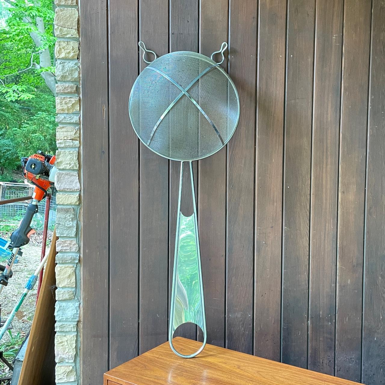 Hand-Crafted 1960s Giant Strainer Kitchen Sign Wall Art Sculpture Chrome Basket Tool For Sale