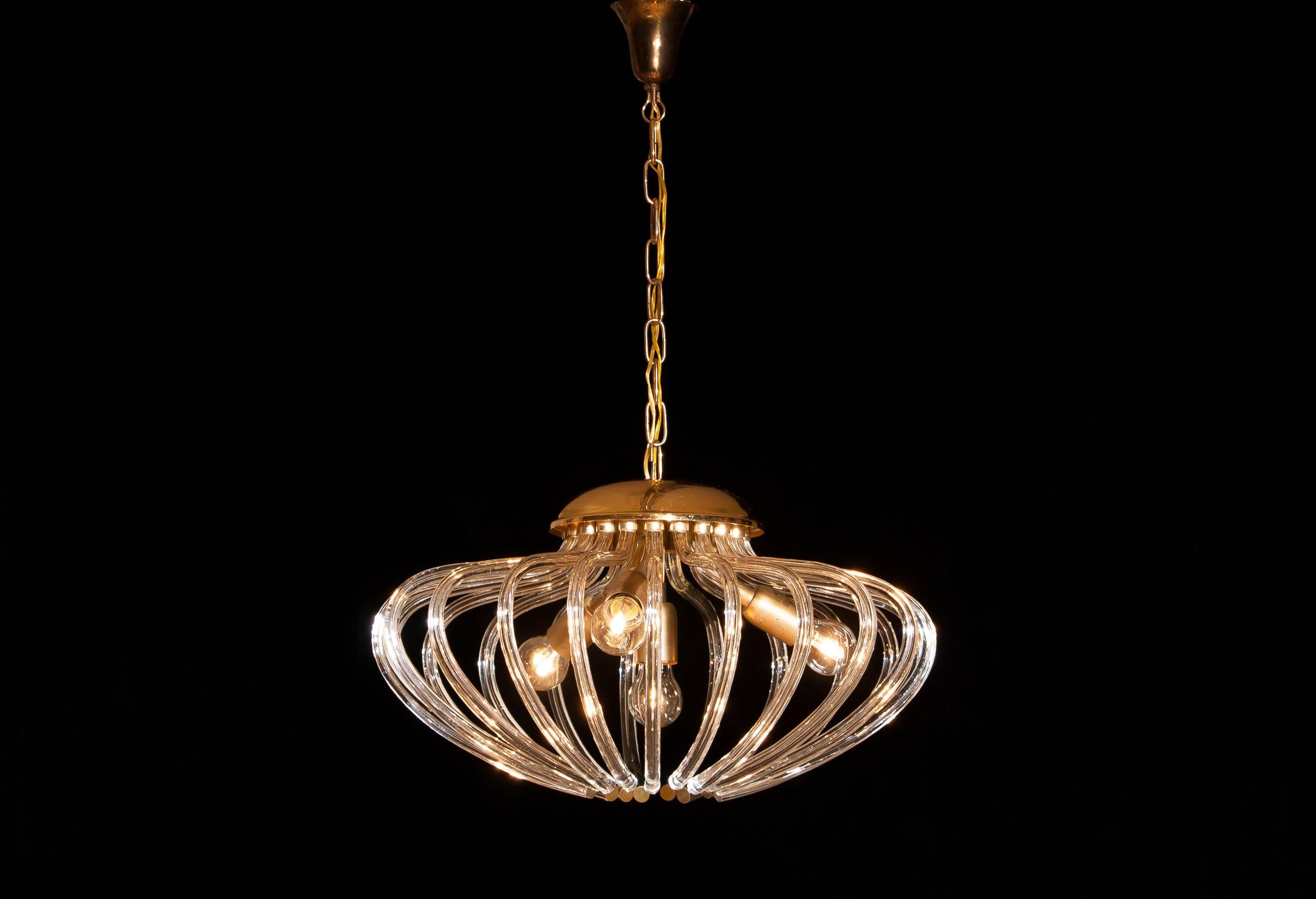 Gilt 1960s, Gilded and Clear Crystal Pumpkin Shape Murano Pendant Chandelier