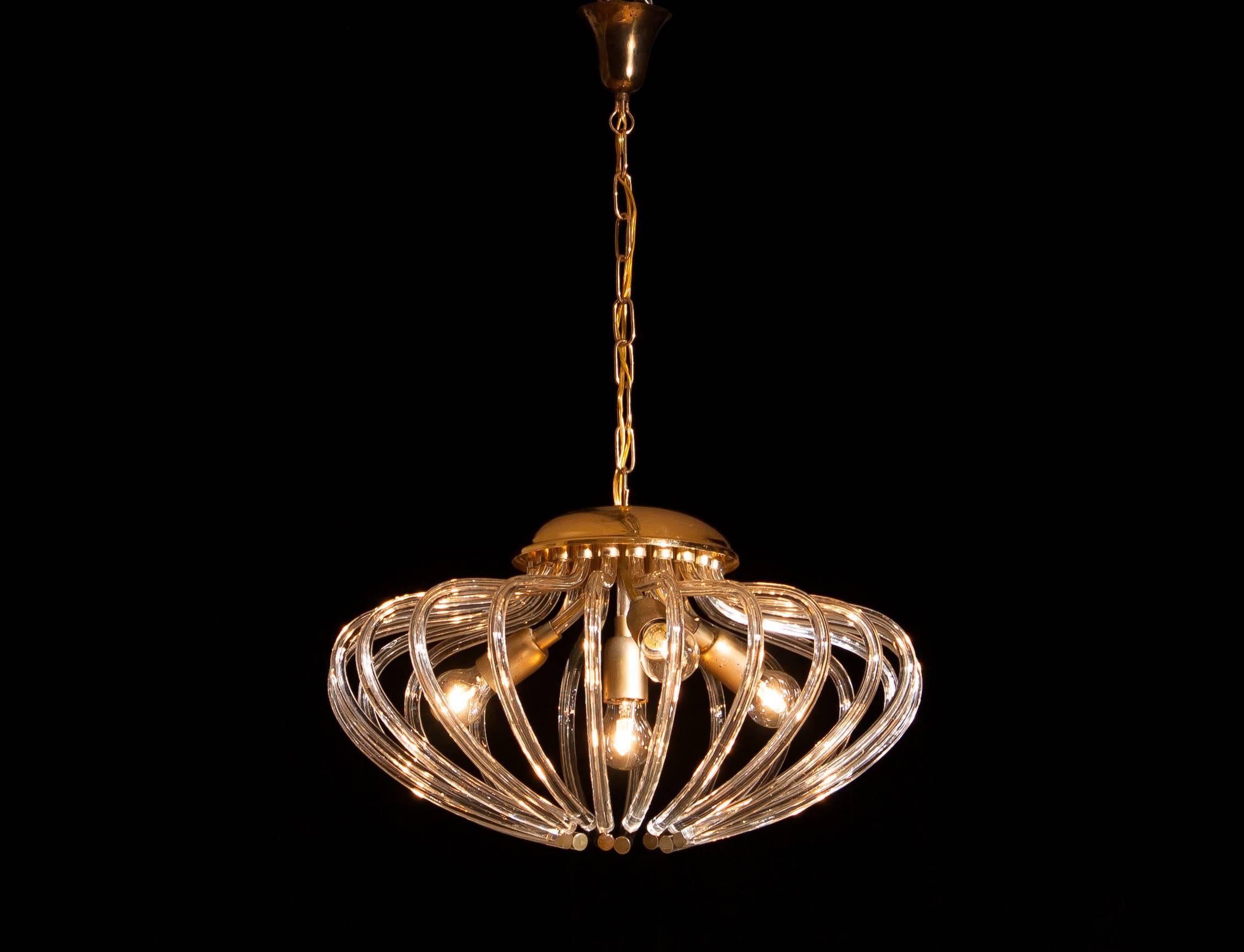 1960s, Gilded and Clear Crystal Pumpkin Shape Murano Pendant Chandelier In Excellent Condition In Silvolde, Gelderland
