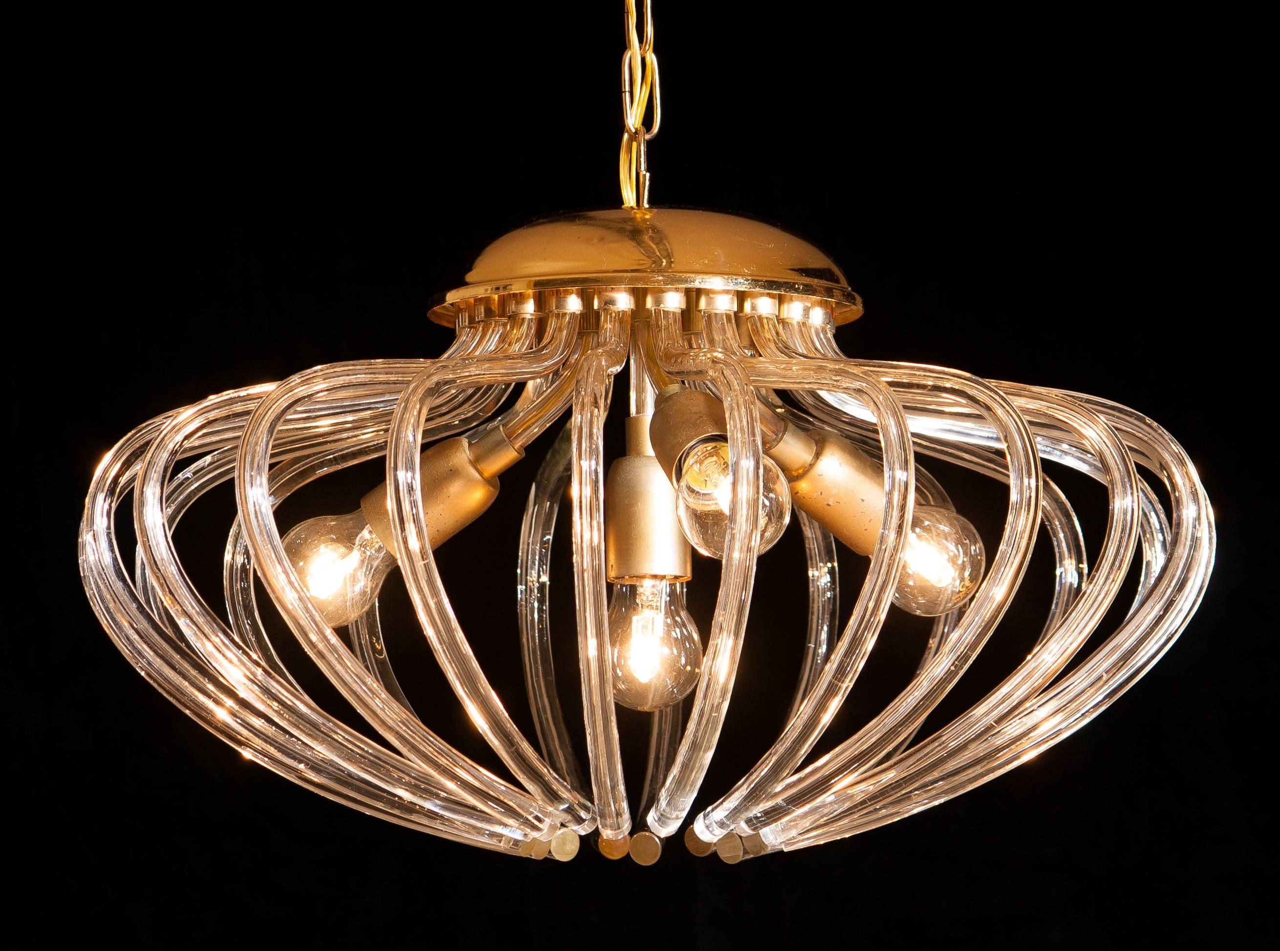 Mid-20th Century 1960s, Gilded and Clear Crystal Pumpkin Shape Murano Pendant Chandelier