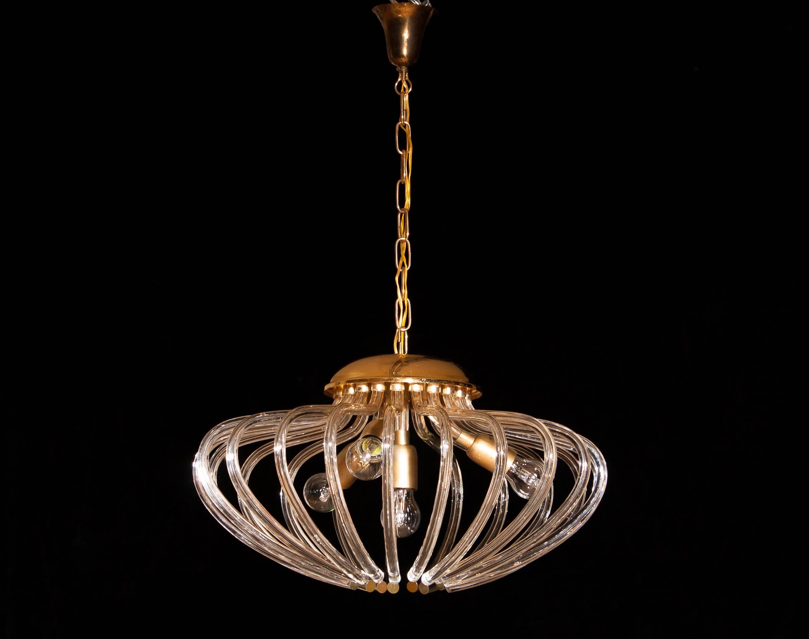1960s, Gilded and Clear Crystal Pumpkin Shape Murano Pendant Chandelier 1