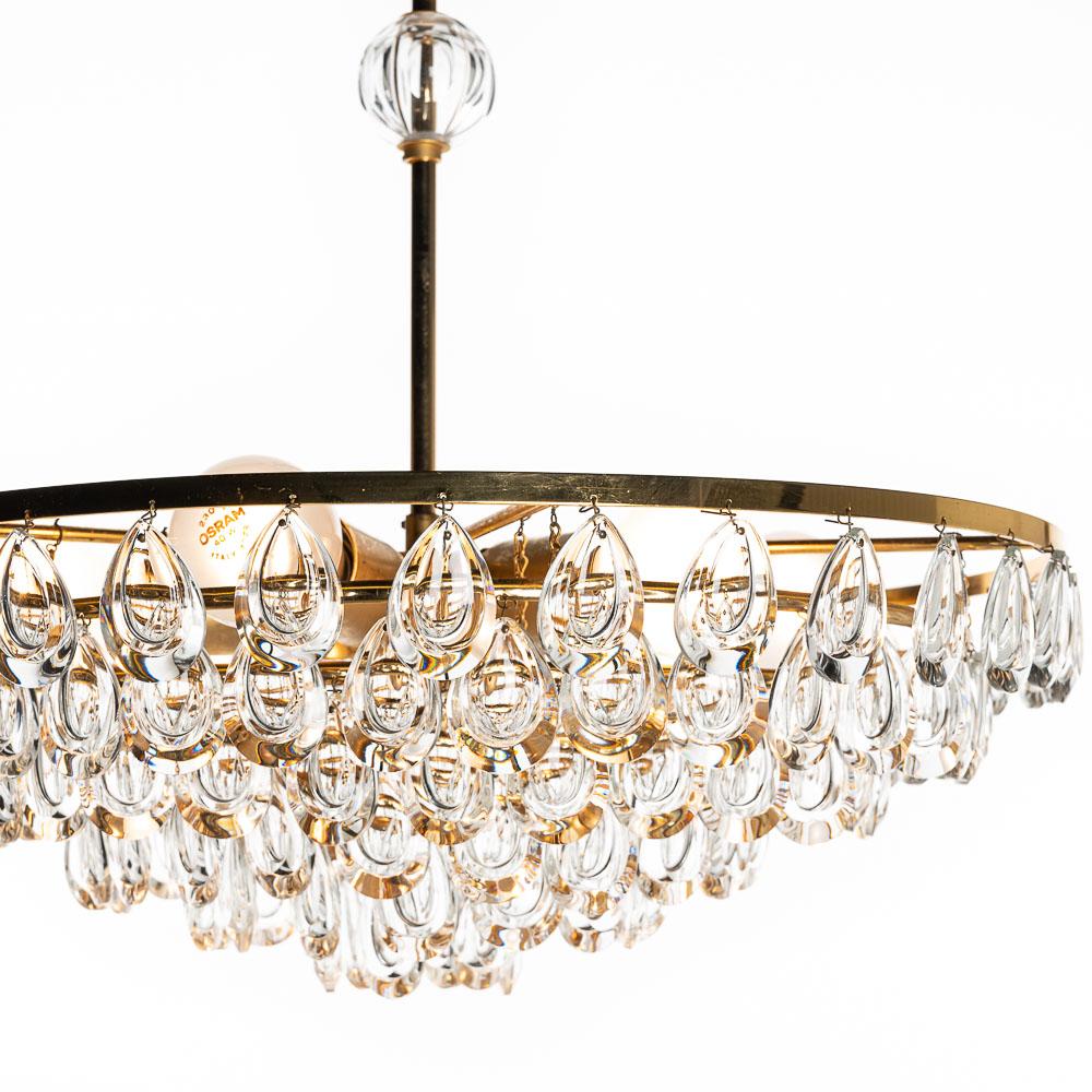 Mid-20th Century 1960's Gilded Brass and Faceted Crystal Palwa Chandelier For Sale