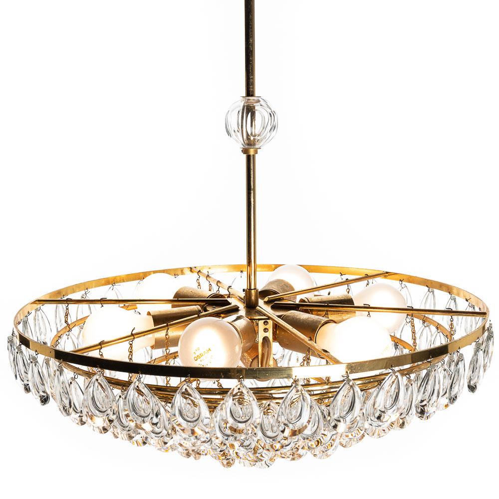 1960's Gilded Brass and Faceted Crystal Palwa Chandelier For Sale 2
