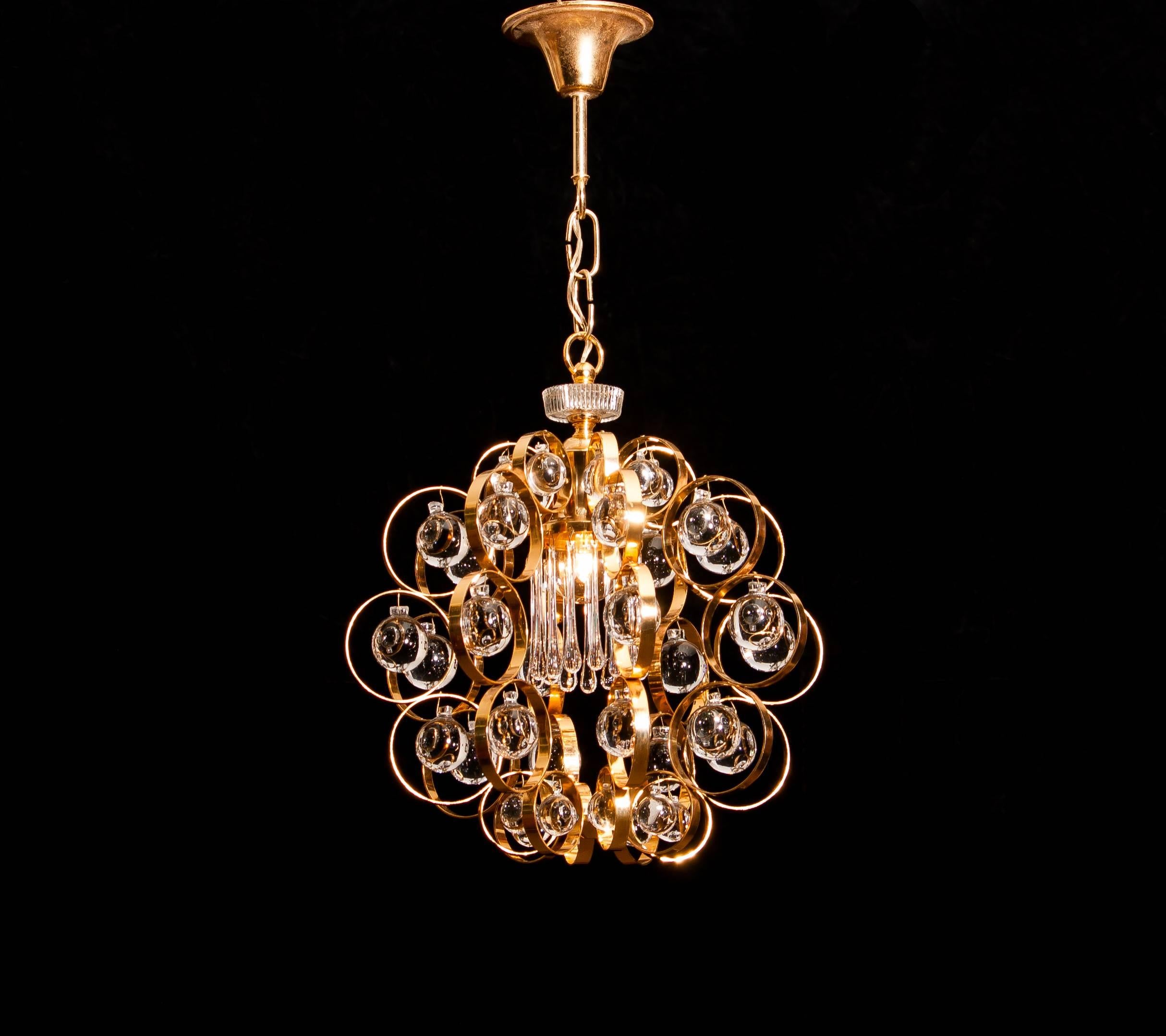 German 1960s, Gilded Brass Murano Glass Chandelier by Palwa