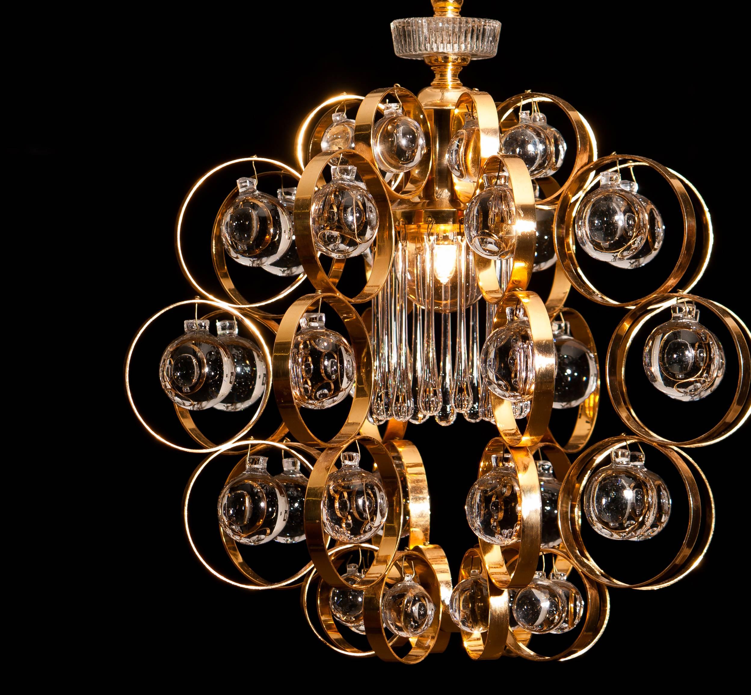 Mid-20th Century 1960s, Gilded Brass Murano Glass Chandelier by Palwa