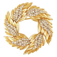 Vintage 1960s Gilded Brushed Leaf Wreath Brooch w Crystal Rhinestones By Crown Trifari