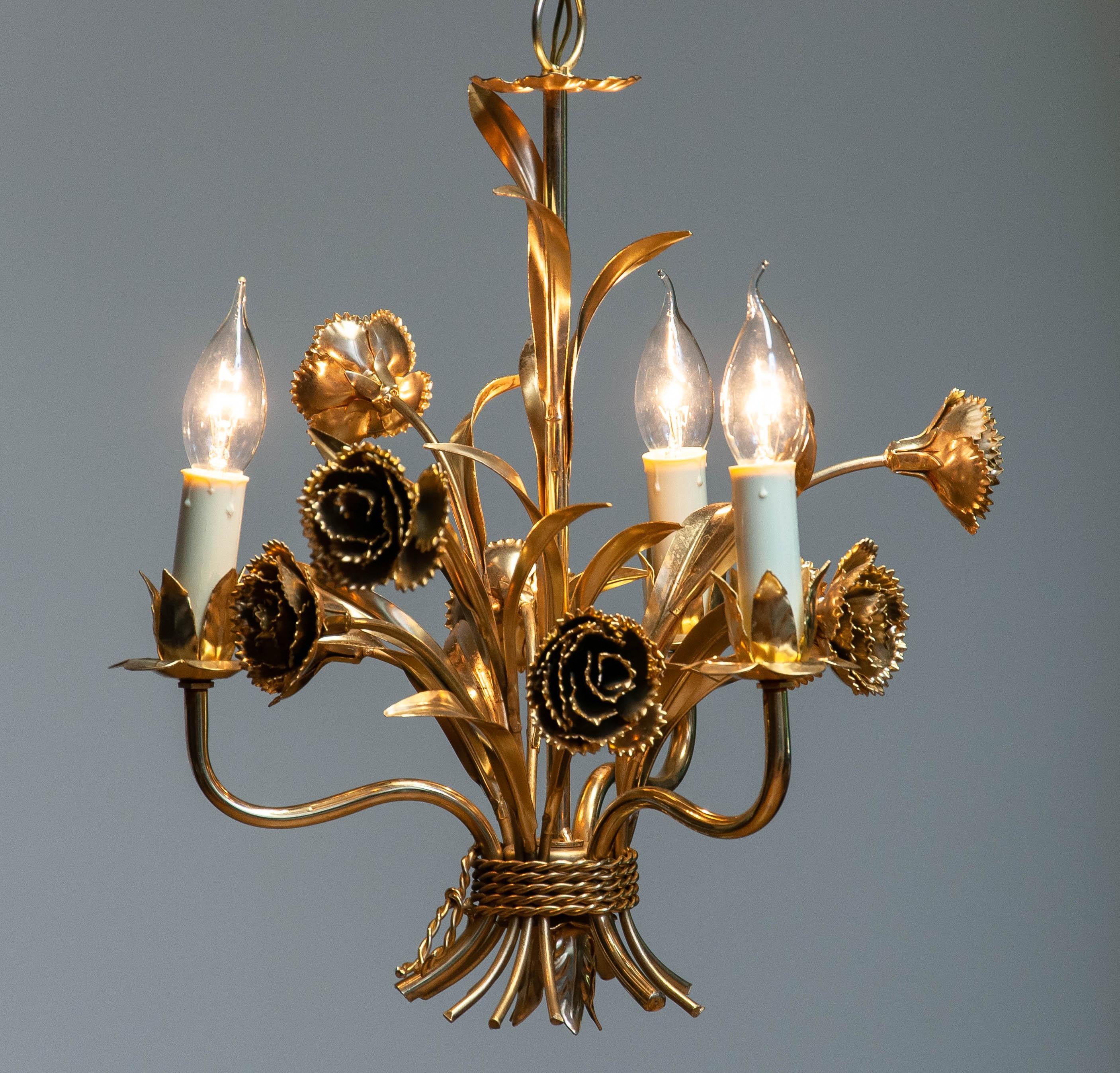 Hollywood Regency 1960s Gilded Chandelier With Floral Decor By Hans Kogl , Germany For Sale