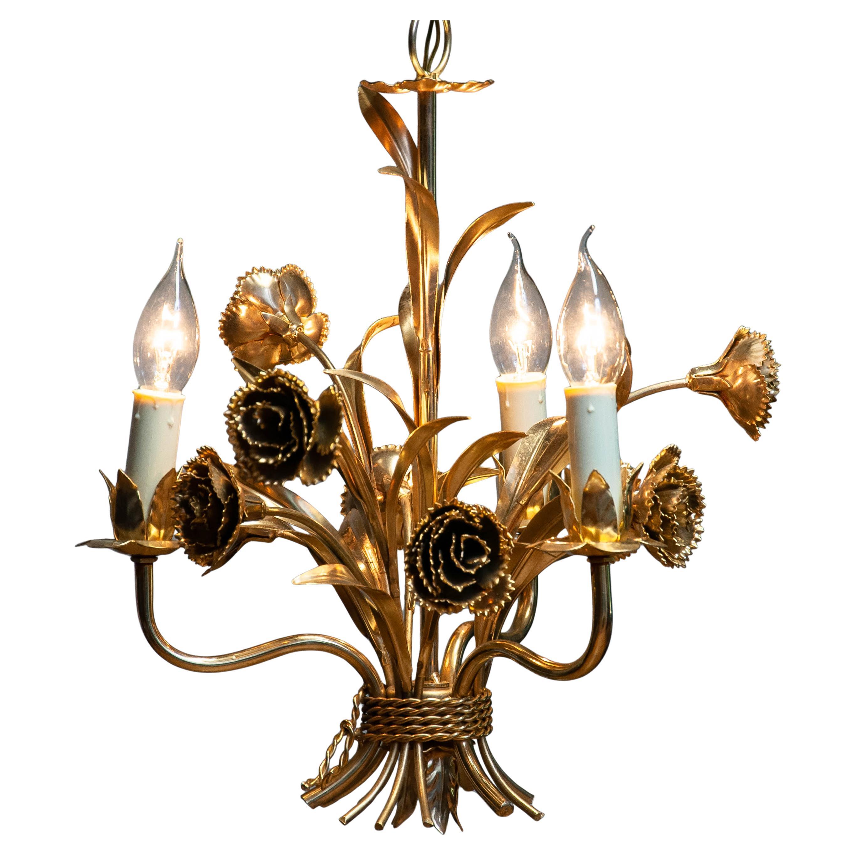 Lustre doré des années 1960 avec décor floral par Hans Kogl, Allemagne