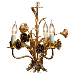 Lustre doré des années 1960 avec décor floral par Hans Kogl, Allemagne