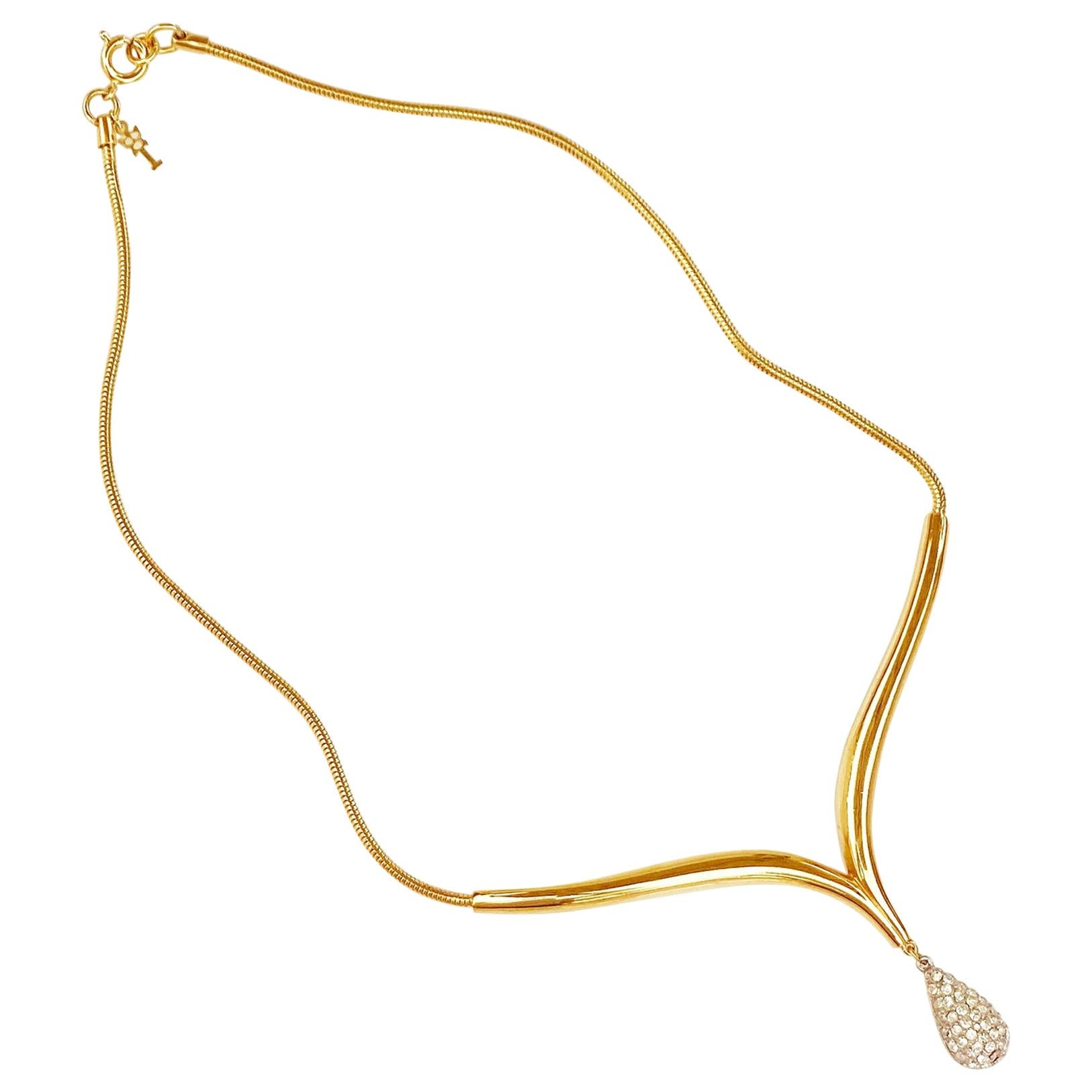1960s Gilded Clavicle Necklace w Snake Chain & Crystal Pavé Teardrop By Trifari
