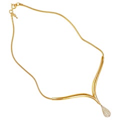 Vintage 1960s Gilded Clavicle Necklace w Snake Chain & Crystal Pavé Teardrop By Trifari
